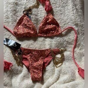 Sequin Coral Pink Chain-Accent Bikini Set
